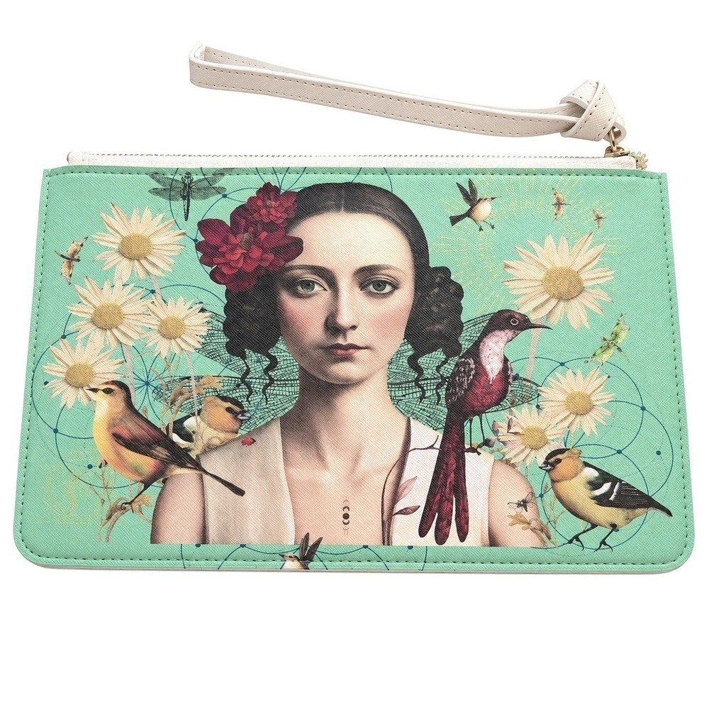 NWOT Artist Designed Wristlet Clutch Green Surrealist Bird Floral OOAK